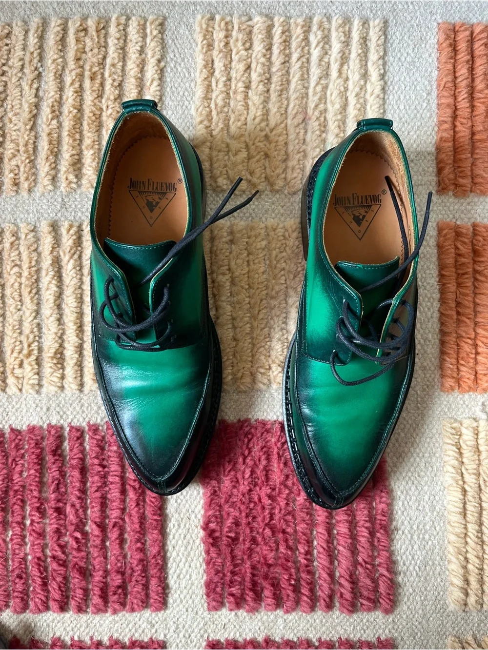John Fluevog “Moneymaker” - green + black -  size 7.5 mens, 9.5 womens